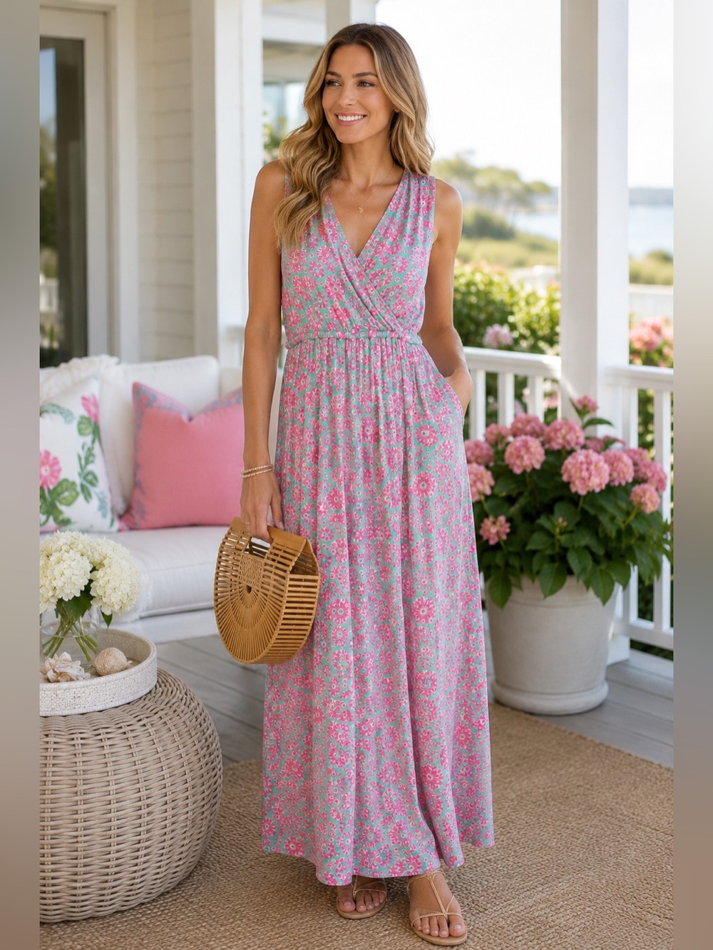 Vineyard Vines Floral Sleeveless Maxi Dress Pink Aqua Small